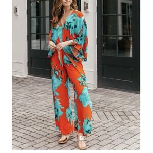 On The Road Abigail Red and Teal Blue Print Split Leg Wrap Pants Size S